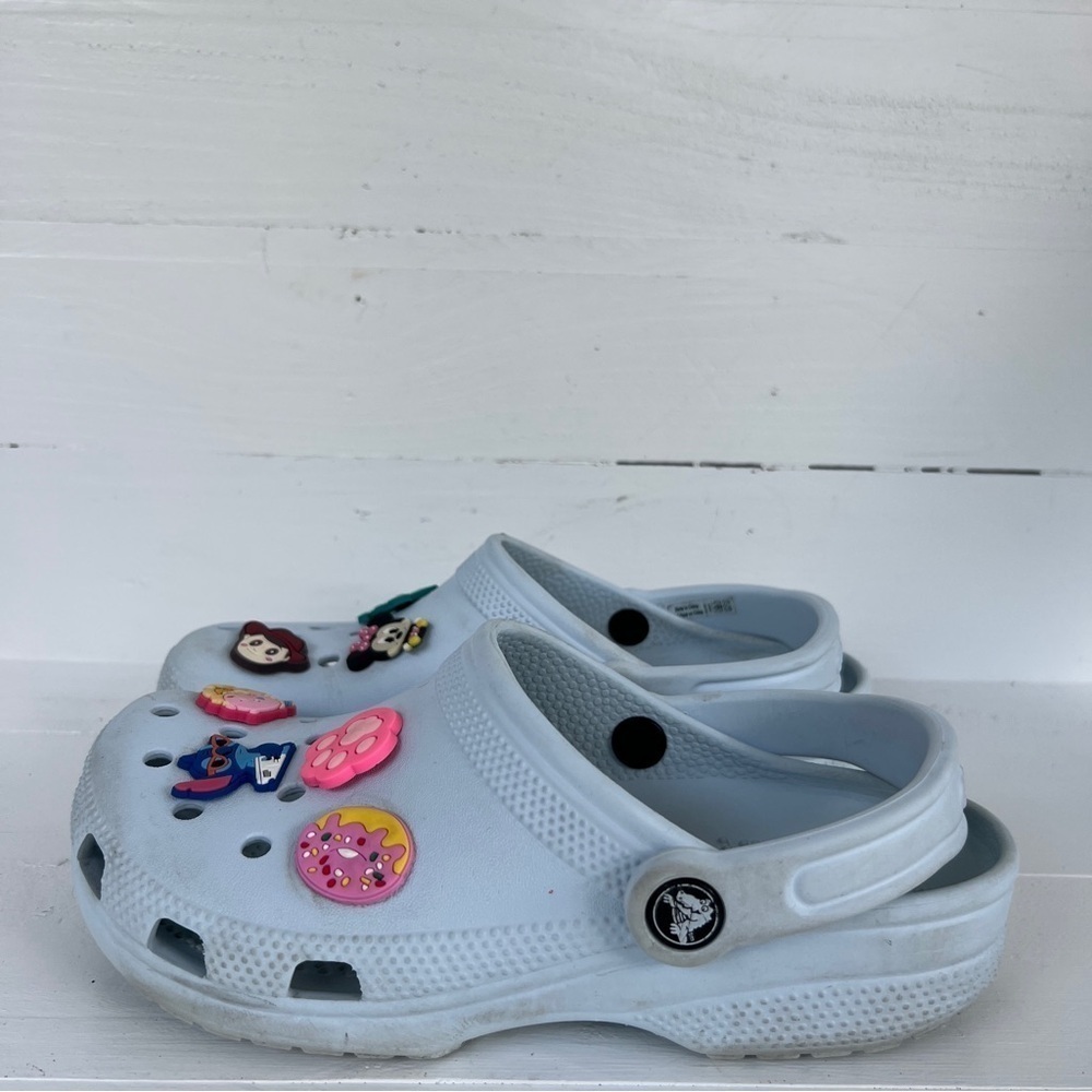 Crocs Light Blue Teal Clogs Women's 6 Slip On Shoes Jibbitz Sully Stitch Minnie